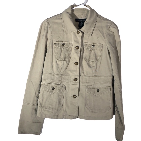 Calvin Klein Khaki Beige Button Up 4 Pocket Collared Jacket Women’s Large - Picture 4 of 10